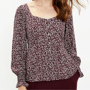 LOFT Women's Floral Button-Front Blouse Size S square neck smocked sleeve